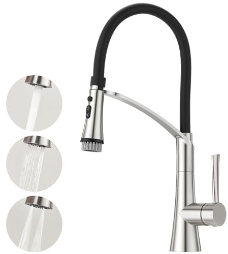 CREA Wasserhahn Küche mit 3 Funktionen Brause, Küchenarmatur mit Ausziehbarer Brause, 360° Drehbare Mischbatterie Küche Schwarz, Spültischarmatur Küche mit Praktischer Bürste, Edelstahl