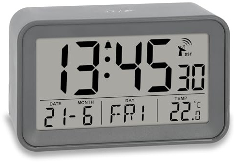 ADE Digitaler Funkwecker mit Licht | Wecker mit Temperaturanzeige und Kalender | kompakter Reisewecker | hübsches matt graues Gehäuse | mit Batterie