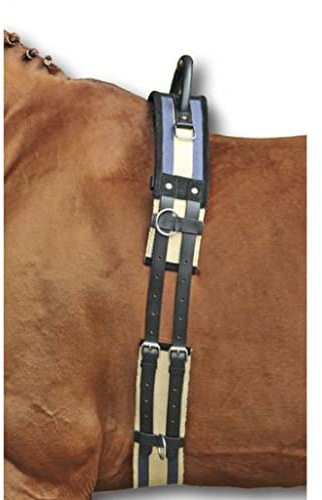 HKM Pferde Longiergurt mit Haltegriff – Gurt zum Longieren aus besonders strapazierfähigem Canvas-Material und Strupfen aus Leder | Ausführung: Pony (Dunkelblau-Beige)