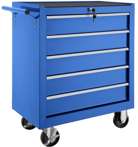 tectake® Werkzeug Wagen mit 5 Schubladen, Werkstattwagen, Tool Werkzeugwagen fahrbar, Werkzeugtrolley, Werkzeugkiste groß, Werkzeugkoffer leer, Stahlschrank - blau