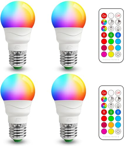 iLC Glühbirne mit Fernbedienung, 5W Farbwechsel Farbige Leuchtmittel LED Lampe Edison Dimmbare Farbige Leuchtmitte 2700K Warmweiß Lampen E27 RGB LED Birnen - 12 Farben - (4-er Pack)