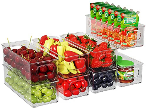 FINEW Kühlschrank Organizer 8er Set, Stapelbare Aufbewahrungsbox | Klein Kühlschrank Boxen mit Griff, durchsichtig Behälter für Küchen, Schränke, Gefrierschrank, Speisekammer - BPA Frei