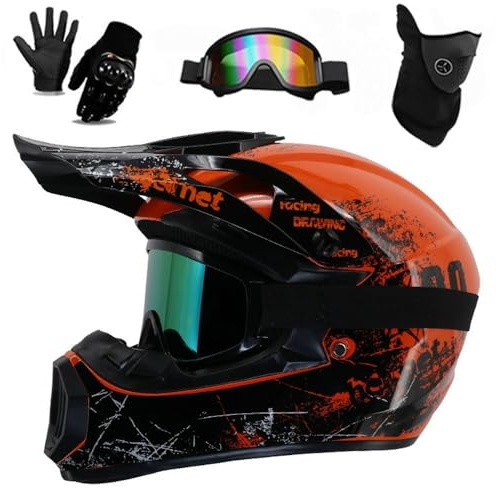 Jugend Erwachsene Elektro Dirt Bike Motorrad Helm Set für Jungen Mädchen Quad Bikes BMX MTB ATV Offroad Helm mit Schutzbrille Handschuhe Maske DOT Genehmigt(226 orange floral,S(52-55CM))