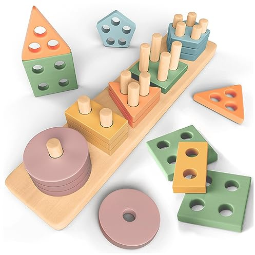 Sweety Fox Montessori Spielzeug ab 1 Jahr - Holz Sortier & Stapelspielzeug, 1 2 3 Jahre -Aktivitäts & Entwicklungsspielzeug aus Holz in Pastellfarben – Montessori - Lernspielzeug für Kleinkinder