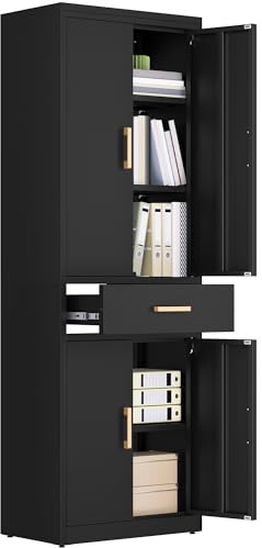 YITAHOME Aktenschrank 3 Regale Schublade Abschließbar Metallschrank Schwarz