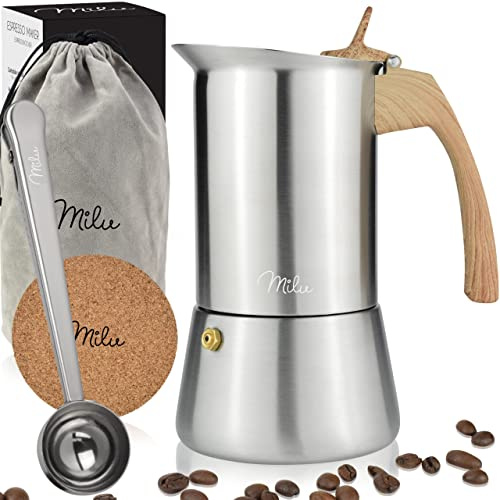 Milu Espressokocher Induktion geeignet | 2, 4, 6, 9 Tassen | Edelstahl Mokkakanne, Espressokanne, Espresso Maker Set inkl. Untersetzer, Löffel (Griff: Holzoptik, 6 Tassen (300 ml))