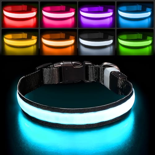PcEoTllar Leuchthalsband Hund Aufladbar, Hundehalsband Leuchtend Wasserdicht, Blinkend LED Halsband für Hunde mit 7 Farben, Einstellbare LED Hundehalsband für Kleine Große Hunde, Schwarz-S
