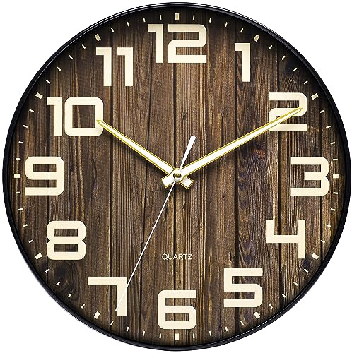 NUOVO Wanduhr, rund, aus Kunststoff, Holzimitat, geräuschlos, Keine Antwort, alte große Zahlen, Wohnzimmer, Schlafzimmer, Küche (30 cm)