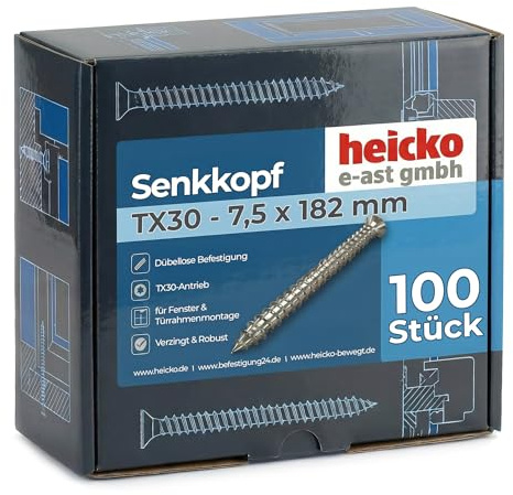 heicko Fensterrahmenschraube 7,5x182mm Senkkopf TX30 verzinkt blau | Betonschrauben Montageschraube ohne Dübel | 100 Stück