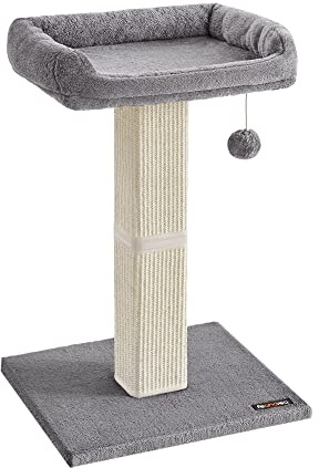 Feandrea Kratzbaum, Katzenbaum mit 40 x 30 cm Plattform aus Plüsch, Kratzstamm, Katzenkratzbaum, 71 cm hoch, 10 cm Dicke Kratzsäule mit geflochtenem Sisal, mit Plüschball, hellgrau PCA022W01