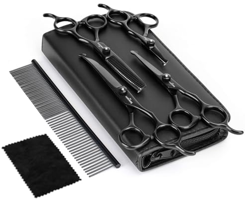 Nobleza Hundeschere Set Profi, 6 in 1 Hundehaare Schneiden, 4CR Edelstahl Hunde Schere Fellschere mit Rundspitze, Inkl Effilierschere, Gerade und Gebogene Schere, Fellpflegekamm, für Katze Haustier