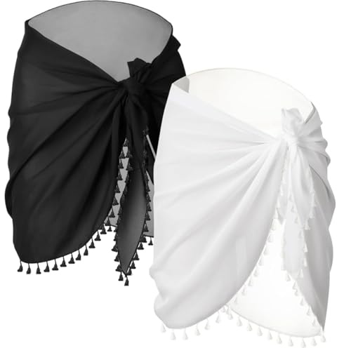 Augesak 2 Stück Strandrock,Sarong Tuch Damen,Pareo Damen,Vertuschung Chiffon Badeanzug Kurz,Strand Must Haves Bikini Cover up Sexy（Schwarz/Weiß）