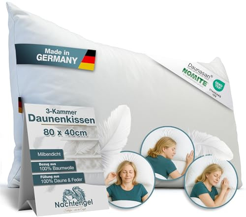 Nachtengel DAUNENKISSEN 40X80 – 3-Kammer Kopfkissen aus Daunen & Federn – Weiches Federkissen im Hotelstil, atmungsaktiv – Made in Germany – Medium, Füllgewicht 700 g