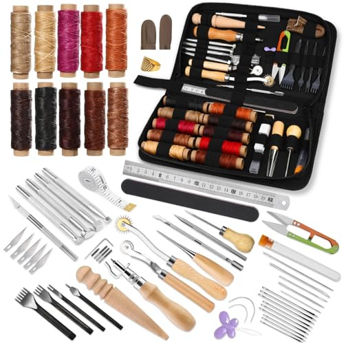 Arbeitswerkzeug Leder Nähset Leder Bearbeitungs Set Leder Werkzeug Set | Lederbearbeitungswerkzeuge Aufbewahrungstasche Stempelwerkzeuge Schnürung Stitching Meißel für Handwerkliche Herstellung