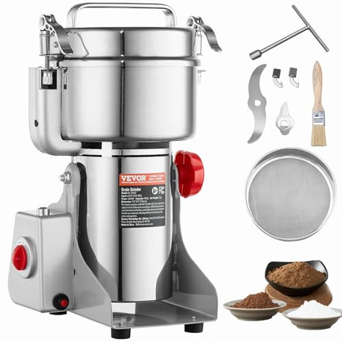 VEVOR Elektrische Getreidemühle, 1000 g, Hochgeschwindigkeits-Gewürzmühle mit 3000 W, gewerbliche Gewürzmühle, Pulverisiermaschine aus Edelstahl, für trockene Körner, Gewürze, Müsli, Kaffee, Mais