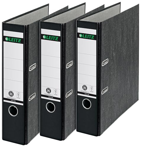 Leitz Qualitäts-Ordner, 3er-Pack, Wolkenmarmor-Papier, A4, 8 cm Rückenbreite, Schwarz, 310305095