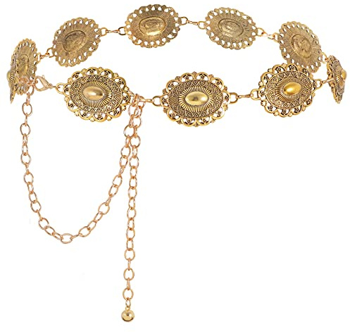 WHIPPY Damen Concho Kettengürtel taillenkette Türkis Taille Gürtel verstellbarer Metall Western Cowgirl Gürtel für Kleid,110cm Gold