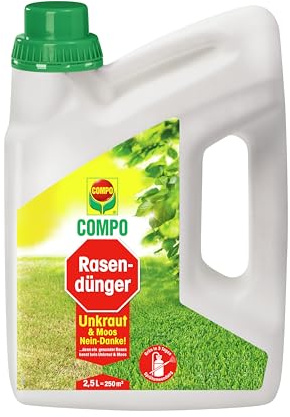 COMPO Rasendünger Unkraut & Moos Nein- Danke - Flüssigdünger mit Expresswirkung - für sattgrünen, gesunden Rasen - gegen Moos und Unkraut - 2,5 l für 250m², grün