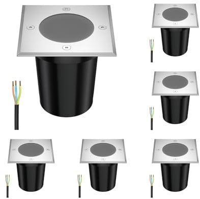 ledscom.de 6 Stück Bodeneinbauleuchte RELI für außen, IP67, edelstahl, eckig, 11 x 11cm, 1x GU10 max. 15W, gefrostet