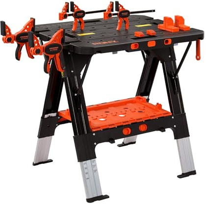 Pony 2 in 1 Werkbank klappbar bis 454kg belastbar, klappbare Sägebock mit ausziehbaren Aluminiumbeinen, Arbeitsbock mit 4 Schraubzwingen 150/300mm & 4 Stöcken, 79 x 63,5 x 89 cm