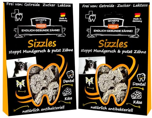 QCHEFS 2X Sizzles Hunde Zahnpflege Leckerlis gegen Mundgeruch Hund Leckerli | gegen Mundgeruch und Zähne geputzt, als getreidefreie Kokosöl Leckerlis, nach dem Hundefutter
