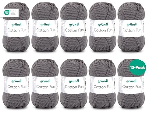 Gründl Wolle Cotton Fun - Wolle zum Häkeln - Strickgarn - Häkelgarn - Pflegeleicht und hautfreundlich - 100% Baumwolle - 10 Knäuel 50 g / 115 m - Nadelstärke 3-4 - Anthrazit
