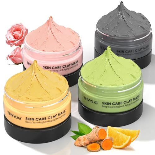 Ton-Gesichtsmasken-Kit, Gesichtsmasken Set Vitamin-C-Maske mit Kurkuma, Schlammmaske aus dem Toten Meer, Grüntee, Rosen, zur Tiefenreinigung, Ölkontrolle und Porenverfeinerung, 240g
