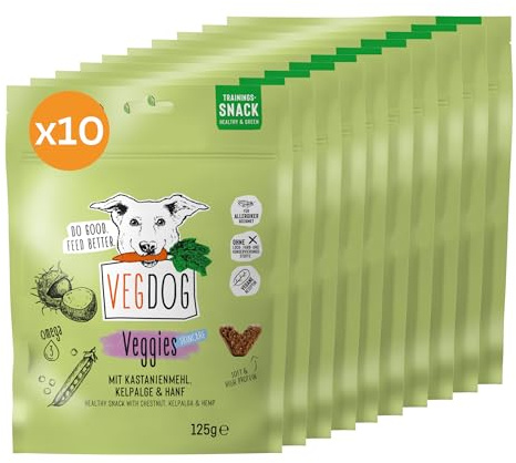 VEGDOG Veggies Skincare Hypoallergener Hundesnack, Trainingssnack, 10x125g | Trainingssnack für Fell und Haut, Proteinsnack für Allergiker mit Kastanie und Hanf, ohne Allergene