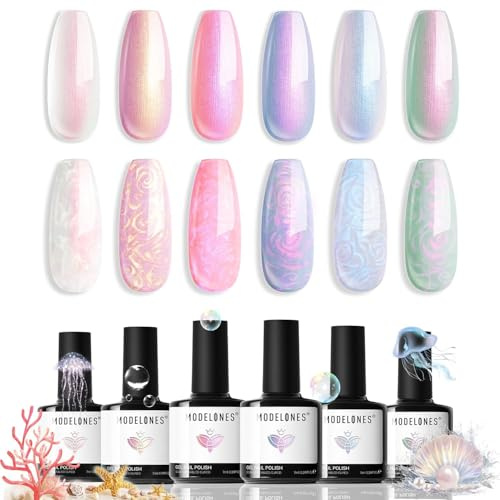 Modelones UV Nagellack 6 Farben Pastell Rosa Weiß Pearl Effect Gel Nagellack UV mit Stick den Kreis zeichnen für Frühling Sommer