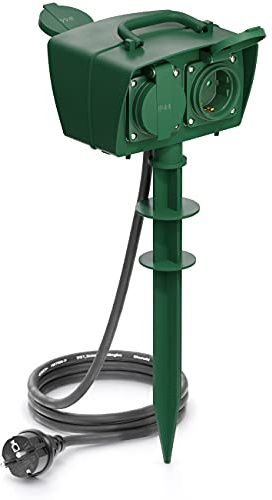 deleyCON 4-Fach Outdoor Steckdose mit Erdspieß, 4X Schutzkontakt-Buchse, Erhöhter Berührungsschutz, IP44 Spritzwassergeschützt, Witterungsbeständig, 5m Kabel für Garten & Terrasse