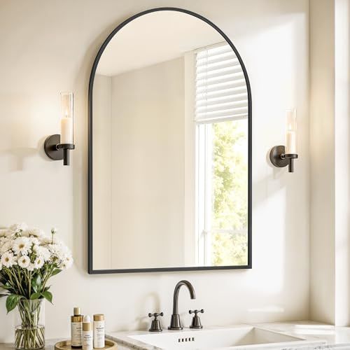 SONGMICS Wandspiegel, gewölbter Spiegel, Aluminiumrahmen, 91 x 61 cm | Spiegel für Bad, mit Sicherheitsfolie, einfache Montage, Mattschwarz, AILEAS Kollektion LWM011BD01