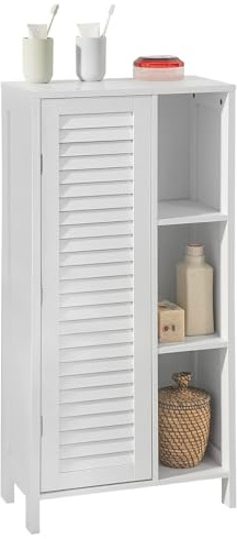 SoBuy Badezimmerschrank Hochschrank – schmaler Badschrank mit Lamellentür, Kommode für kleines Bäder, feuchtigkeitsbeständiges Badmöbel aus Holz, Weiß, 48 x 96 x 24cm, BZR39-W