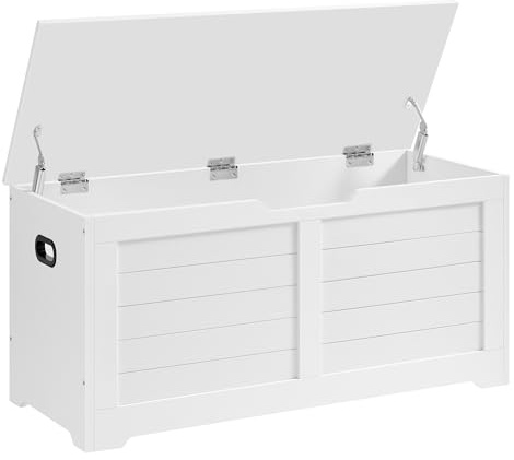 VASAGLE Schuhbank, Sitzbank mit Stauraum, Sitztruhe mit 2 Sicherheitsscharnieren, Aufbewahrungsschrank, Landhausstil, 40 x 100 x 46 cm, für Flur, Schlafzimmer, Wohnzimmer, wolkenweiß LSB061T10
