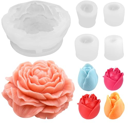 5 Stück Silikonform Blumen, 3D Kerzen Formen Rosen Tulpenform Pfingstrose | Silikonformen Gießformen, Blumen Kerzenform Silikon für Seife Schokolade Aromatherapie DIY Dekoration
