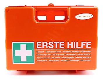 ACTIOMEDIC Mobiler und stationärer Erste-Hilfe-Kasten mit Wandhalterung zur Aufbewahrung, DOMINO DIN 13157:2021 I Hypoallergene Pflaster, mehrsprachig, Visuelle Hilfsmittel, orange, 28 x 12 x 20 cm