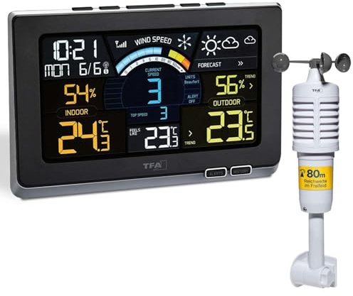 TFA Dostmann Spring Breeze Funk-Wetterstation, 35.1140.01, inkl Windmesser, mit Farbdisplay, Wettervorhersage mit Alarmgrenzen/Symbolen, inkl Funkuhr, Historie, Windgeschwindigkeit, Taupunkt, schwarz