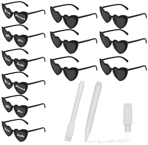 RoyalChic 12 Herz Sonnenbrille Partybrille Set DIY Herzbrille mit 2 Stift, Sonnenbrille Hochzeit JGA Brillen Hippie Herzförmige Brille Herzform Brille für Party Hochzeit Karneval Halloween
