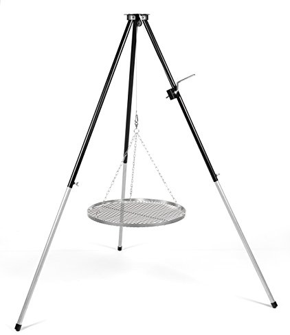HeRo24 Dreibein Schwenkgrill mit Kurbel inkl. 80 cm Edelstahl Grillrost mit 2 cm Reling Edelstahlseil, Haken & Wirbel höhenverstellbar, mit Tragetasche für Feuerstelle & Camping