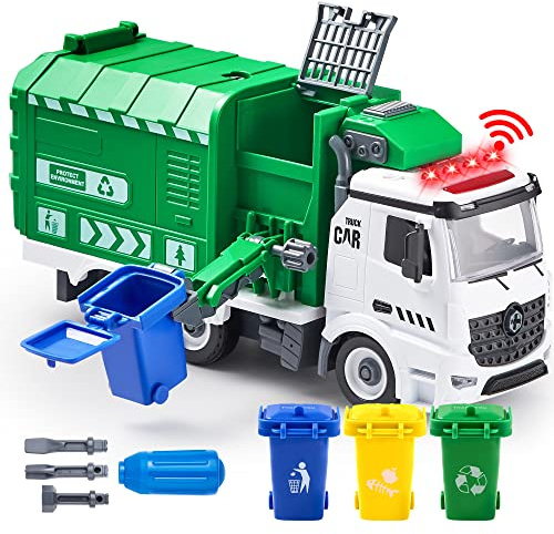 JOYIN Jumbo Müllauto Spielzeug Müllwagen Kinder ab 3 4 5 6 7 Jahre,Müllabfuhr Auto Kinder mit Licht und Sounds, 3 Mülleimer, Schraubendreher Spielzeug, für DIY Montage