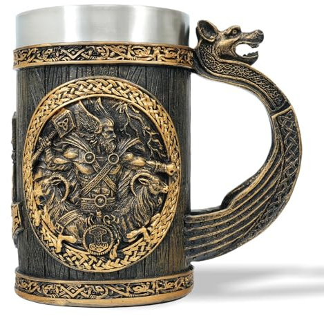 AtSKnSK Wikinger Bierkrug Edelstahl Becher Bierkrug mit einem Henkel Nordischer Mythologie Thors Hammer Lebensbaum Kaffee Bierkrüge Valhalla Wikinger Geschenke für Männer Damen (Thor Hammer)