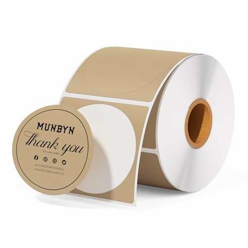 MUNBYN 5.1 cm Runde Etiketten - 500 Selbstklebende Kreis Thermodirektetiketten für DIY Logo Design, QR-Code, Namensschild, Adresse, Haushalt - Kraftpapierfarbe