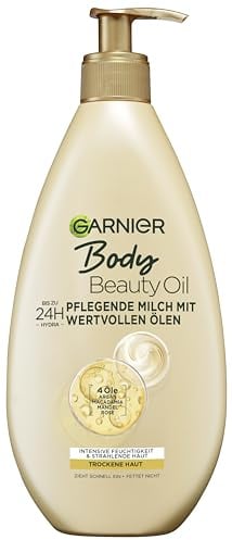 Garnier nährende Öl Milch/Körper Öl mit 4 wertvollen Ölen: Argan, Macadamia, Mandel, Rose, für trockene Haut- fettet nicht, klebt nicht, Oil Beauty, 1er Pack - 400ml