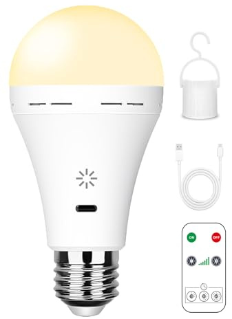 E27 Aufladbare Glühbirne mit Fernbedienung & Touch, 3000K Warmweiß, 1 Stück | 2600mAh Batterie Glühbirnen, Akku LED dimmbar 7W 700lm, USB-C, 3 Timer, Haken, für Lampen ohne Strom, Camping & Außen