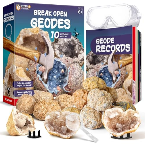EDUMAN Geoden Zum Aufbrechen für Kinder, Natur Geoden Set in Groß und Klein, Inklusive Schutzbrille, Lupe, Aufbewahrungstasche, Geschenke für Jungen und Mädchen ab 8 Jahre