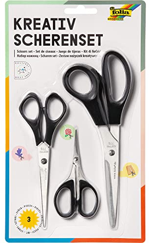 folia 778 - Kreativ Scheren Set, 3 Scheren in verschiedenen Größen, groß, mittel und filigran, mit schwarzem Griff, rostfreie Klinge, für Rechtshänder, Schwarz