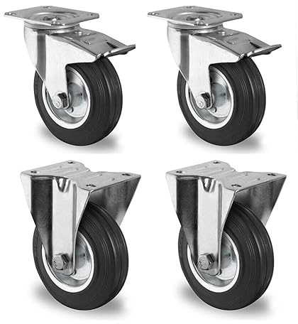 Rollensatz 2 Lenkrollen mit Feststeller + 2 Bockrollen 125 mm Vollgummi schwarz mit Stahlfelge