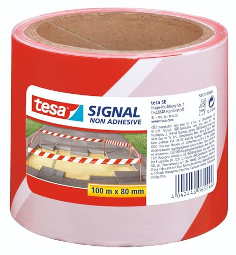 tesa® Signal Absperrband - Warnband zur Absperrung, Markierung und zur Abgrenzung von Gefahrenbereichen - nicht klebend - Rot-Weiß, 100 m x 80 mm