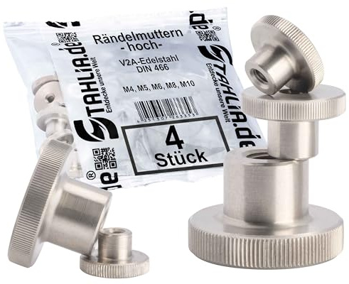 Stahlia Rändelmutter M5 Edelstahl V2A Muttern Set (4 Stück) hohe Form DIN 466 Gewindemutter gerändelt für metrische Schraubgewinde & Gewindestangen