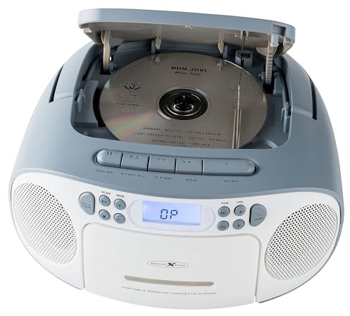 REFLEXION CD-Player mit Kassette und Radio für Netz- und Batteriebetrieb (PLL UKW-Radio, LCD-Display, AUX-Eingang, Kopfhörer-Anschluss), weiß/blau, RCR2260