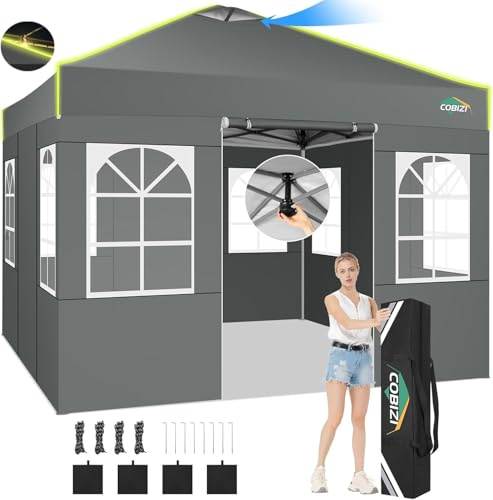 COBIZI Pavillon 3x3 Faltpavillon wasserdicht Winterfest, EIN-Tasten-Zentralverriegelung Partyzelt Faltbar Anti-UV mit Fluoreszierenden Streifen, 4 Seitenwänden, 3 Höhenverstellbar,Gartenzelt, Grau